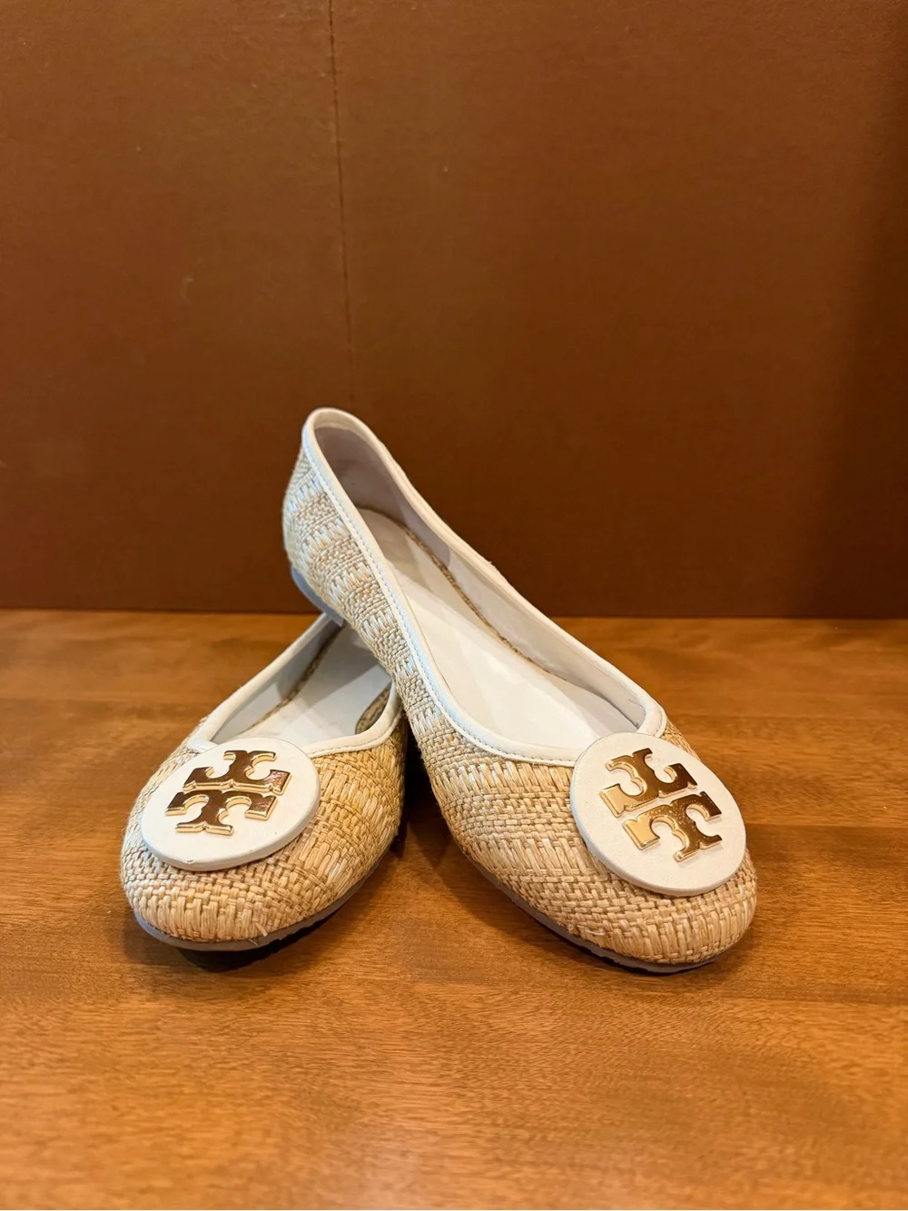 Tory Burch Natural Raffia Flats with White Trim and Gold Logo